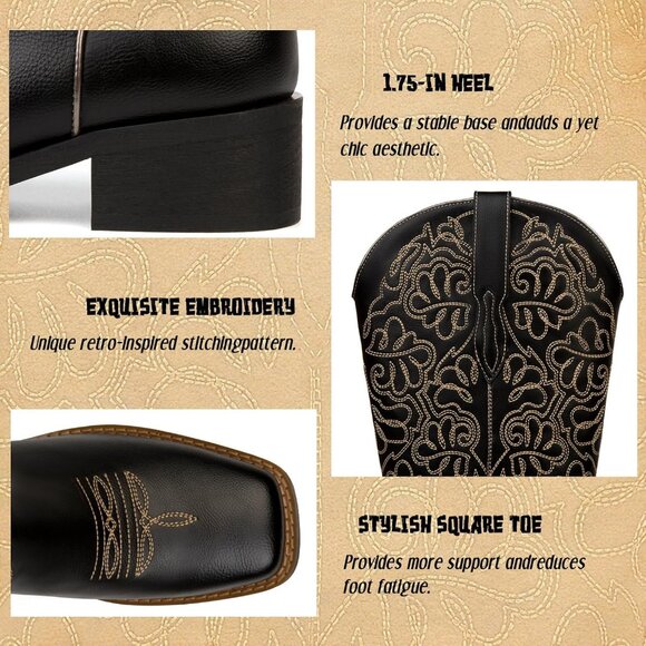 Women's Black Embroidered Square Toe Pull on Cowgirl Western Chunky Heel Boots - Picture 5 of 6